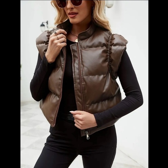 Faux Leather Puffer Vest With Cap Sleeve
Chocolate Brown - Picture 1 of 10